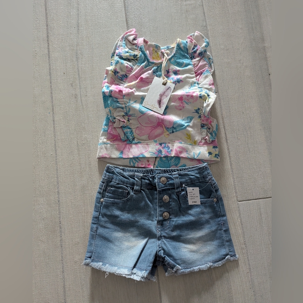 Jessica Simpson Pink Floral Top and Blue Denim Shorts